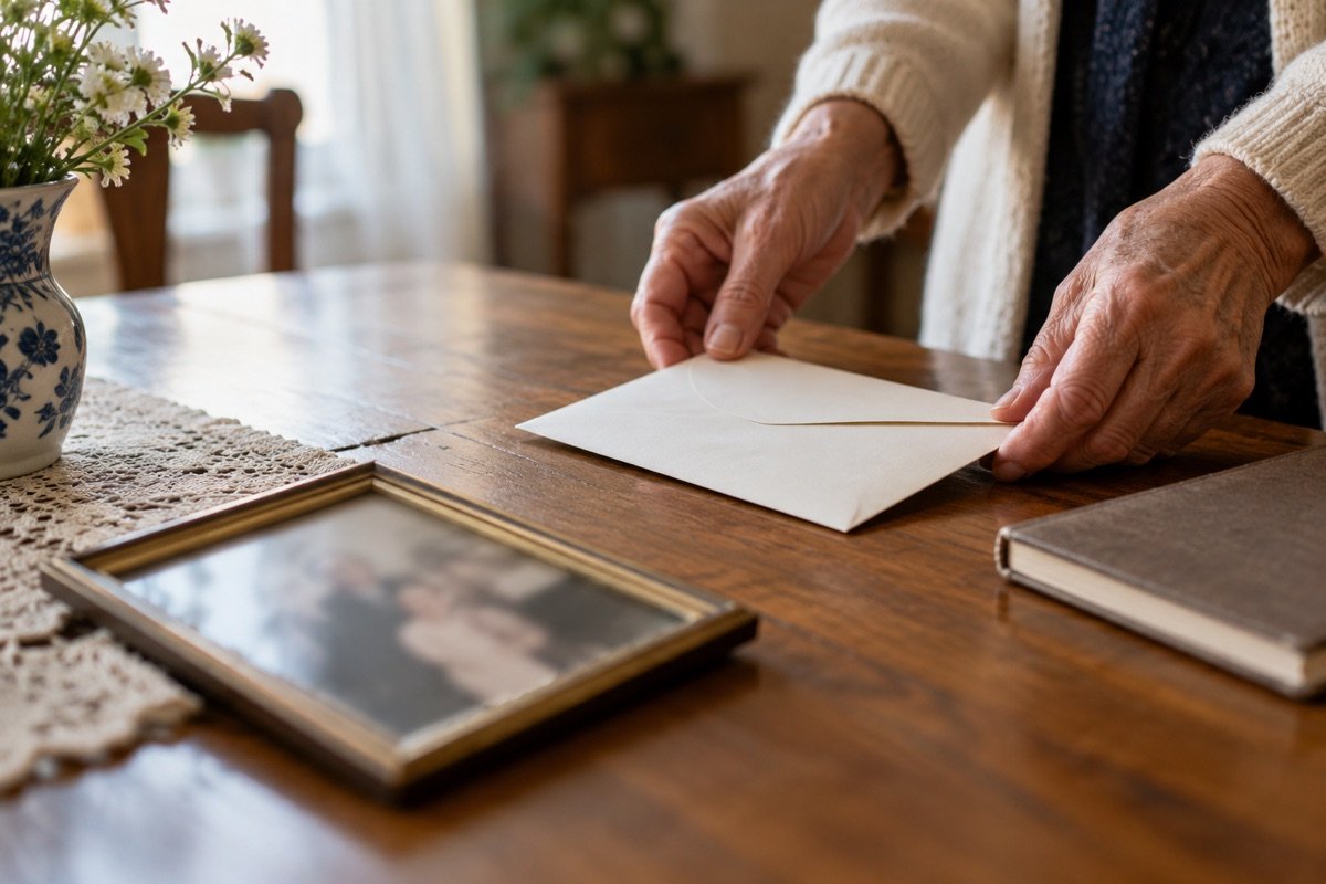 Mani che ripongono una busta accanto a una fotografia di famiglia