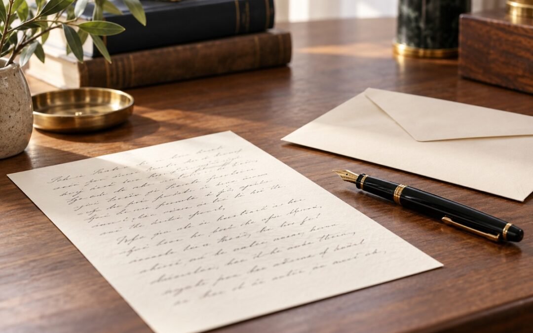 Penna e foglio manoscritto accanto a una busta su un tavolo
